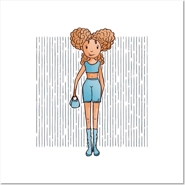 Cute girl with a blue outfit and boots and holding a purse in her hand. Wall Art by Sissely